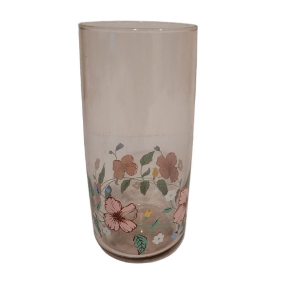 Vintage Anchor Hocking Smoky Glass – Pink Floral Design – Single Glass